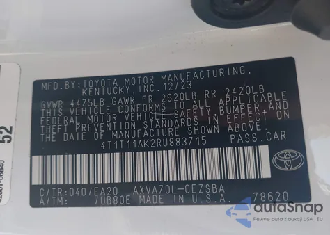 2024 Toyota Camry Se z USA, uszkodzony, nr VIN 4T1T11AK2RU883715